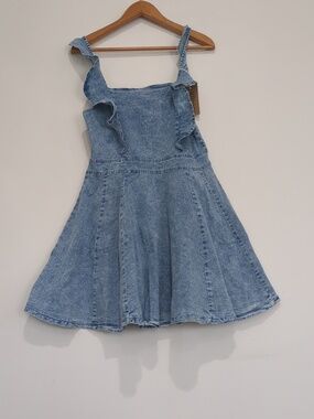 Amazon Light Blue Denim Ruffle Strap Mini Dress